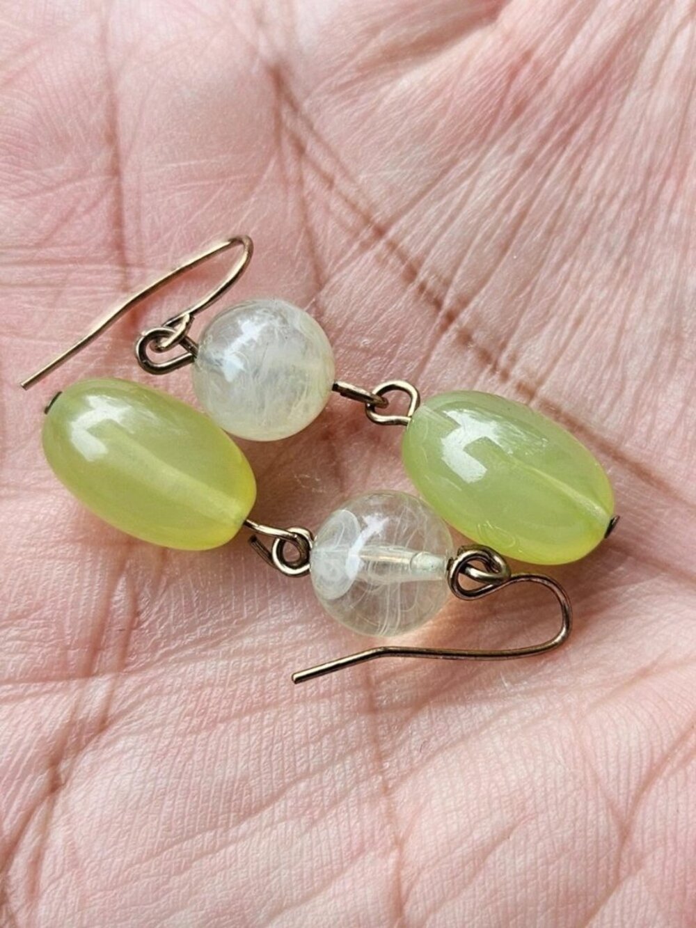 Vintage Earrings Green/White Tone Plastic Beads Handmade Fashion Jewelry